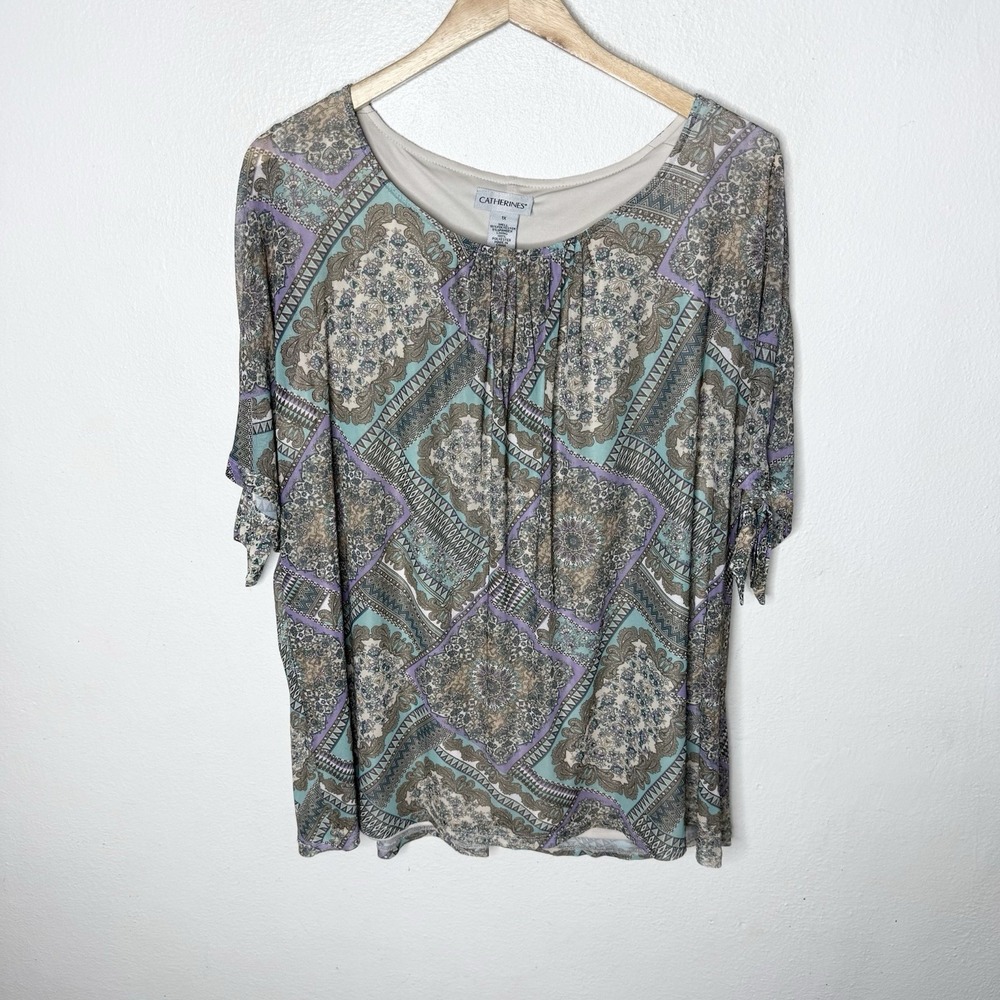 Catherine's Lightweight Lined Tie Sheer Short Sleeve Top Stretch Women's 1X